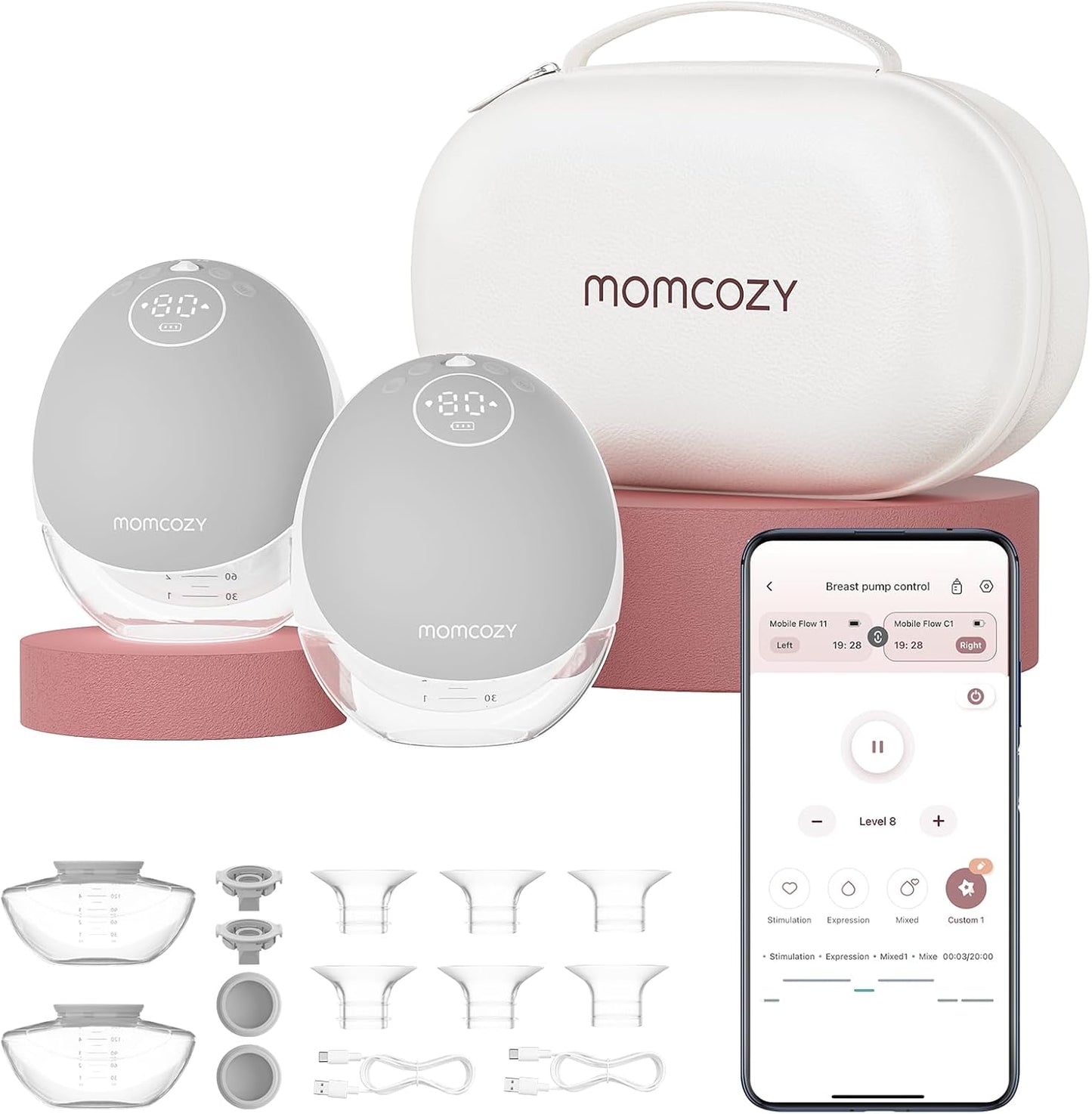 Momcozy Breast Pump Hands Free Upgraded Mobile Flow | M9. App Discreet Control with Personalized Multi-Modes & 15 Levels. Wearable Breast Pump 24mm. 2 Pack Cozy Red